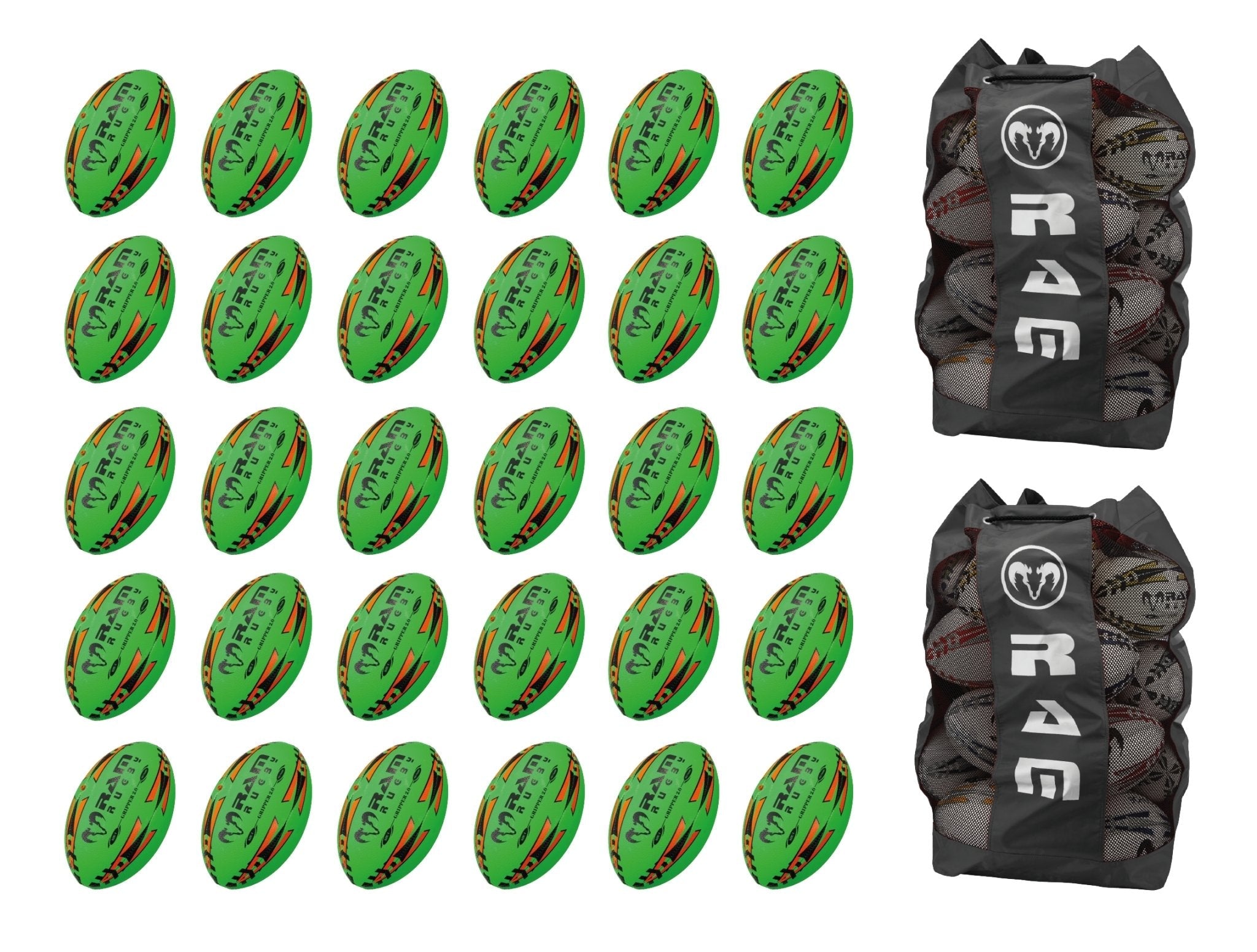 Stack of neon yellow, orange, and green Ram Rugby Gripper 2.0 Pro Trainer balls with two breathable storage bags for training