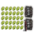 Stack of neon yellow, orange, and green Ram Rugby Gripper 2.0 Pro Trainer balls with two breathable storage bags included