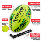 Stack of 30 Ram Rugby Gripper 2.0 Pro Trainer neon yellow, orange, and green rugby balls with two breathable storage bags