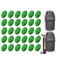 Ram Rugby Gripper 2.0 Pro Trainer neon yellow, orange, and green rugby balls stacked with two black breathable ball bags.
