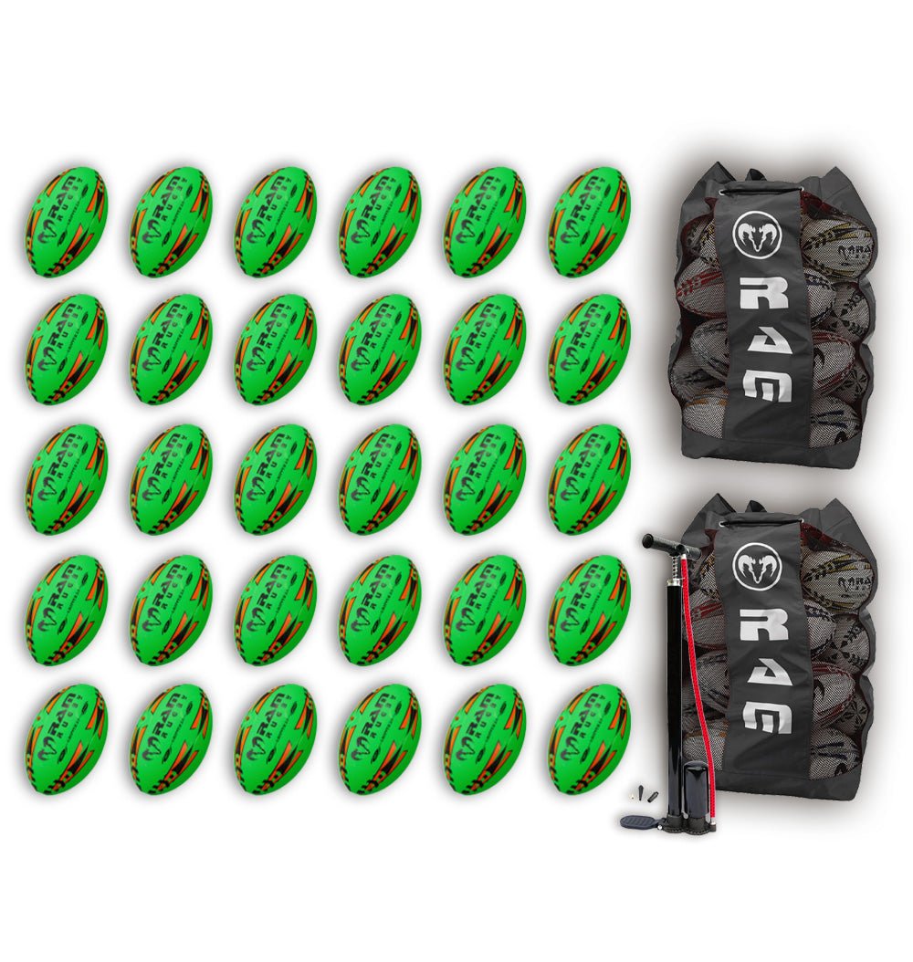 Stack of 30 Ram Rugby Gripper 2.0 Pro Trainer neon yellow, orange, and green rugby balls bundled with two breathable storage bags