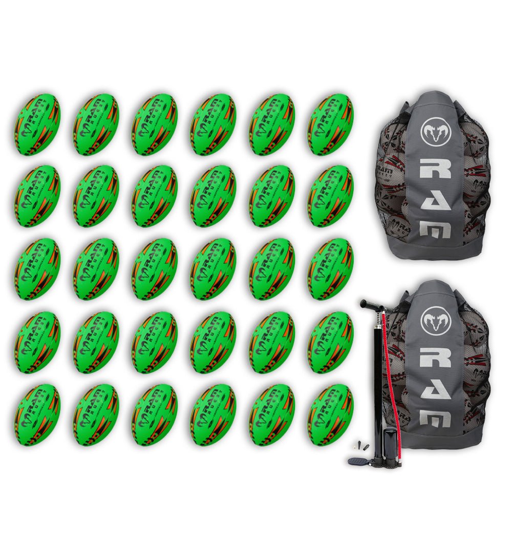 Thirty Ram Rugby Gripper 2.0 Pro Trainer Neon Rugby Balls in yellow, orange, and green with two breathable storage bags.