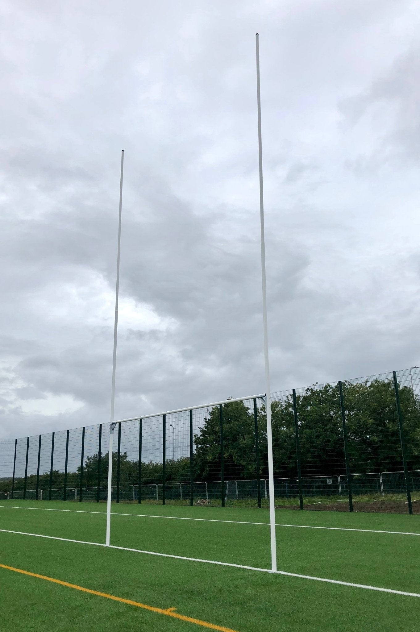 Ram Rugby 11m aluminium hinged rugby goal posts set with white uprights and crossbar support for outdoor fields