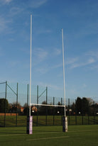 Ram Rugby 17m white aluminium hinged rugby goal posts with three-piece uprights and crossbars for durable stability