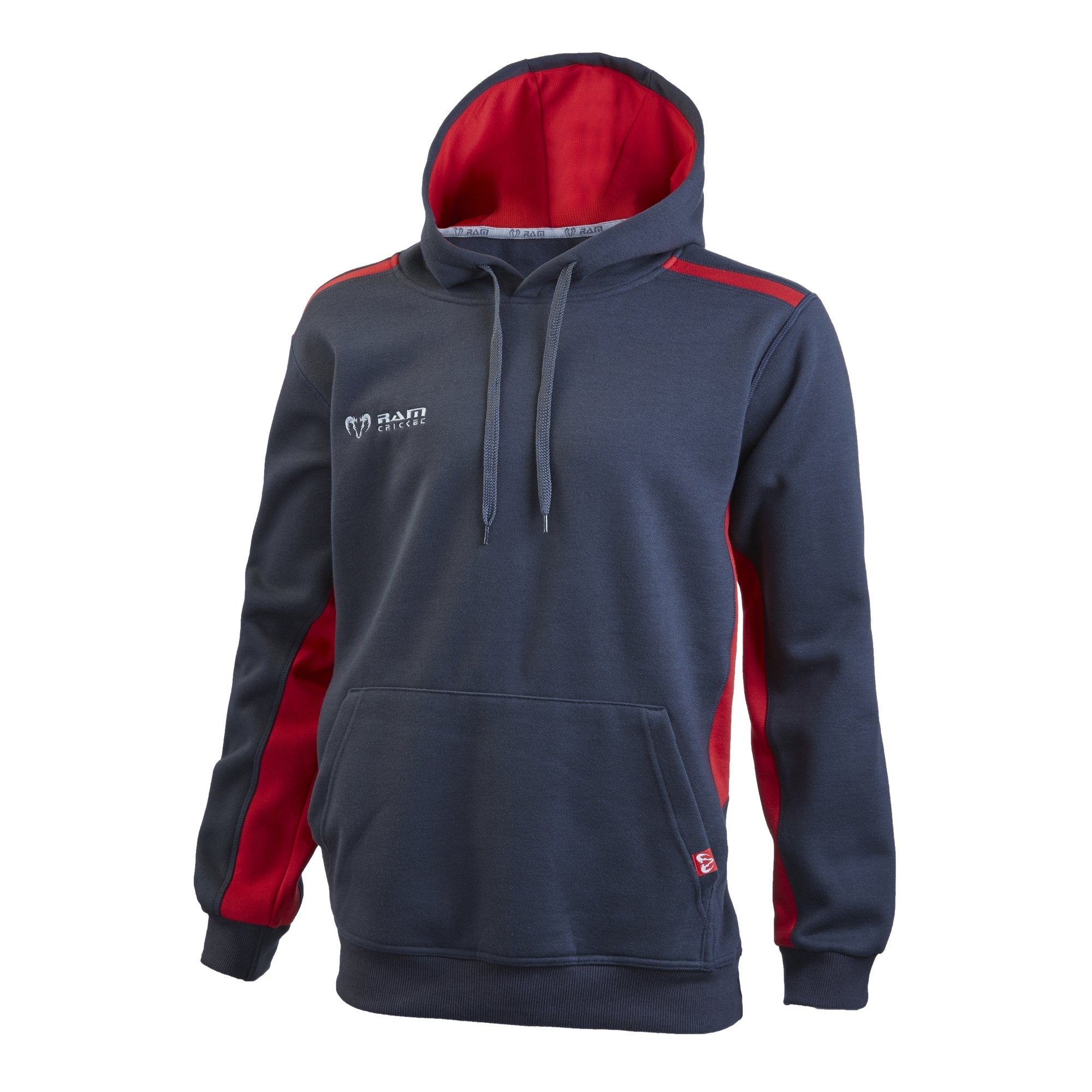 Ram Rugby Custom hooded sweatshirt in navy blue cotton blend with full-length zip, regular fit, and embroidered logo.