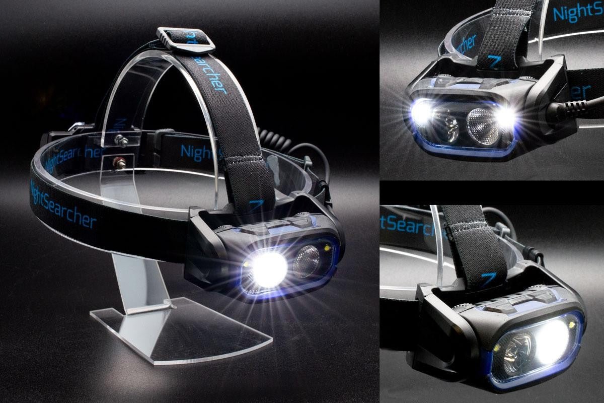 Nightsearcher HT800RX USB rechargeable head torch showing adjustable 800 lumen narrow beam and ergonomic design