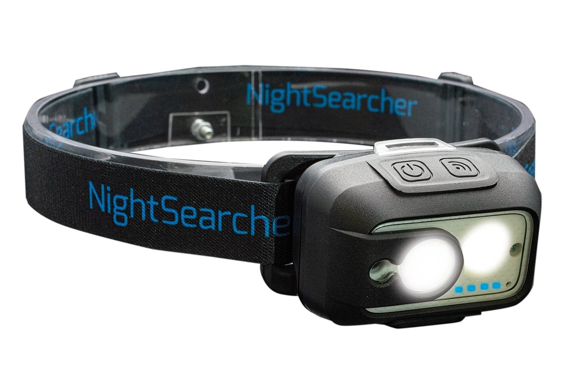 Nightsearcher Lightwave 520 Head Torch in black and gray with adjustable strap, rechargeable, 520 lumens brightness, USB powered