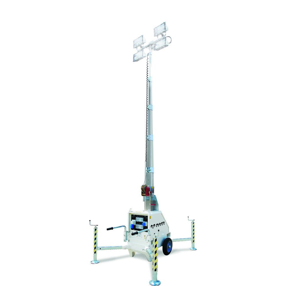 Ram Rugby LinkTower 7m mobile floodlights with four 400W metal halide lamps on a portable mast for outdoor lighting