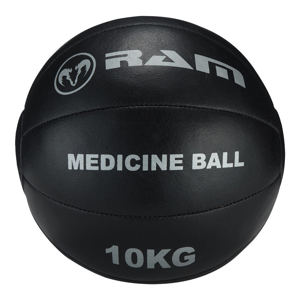 Set of black Ram Rugby durable 8-panel medicine balls in 3KG, 5KG, and 10KG sizes for strength training workouts