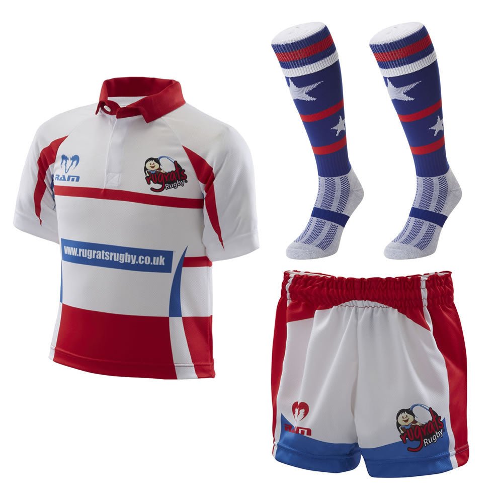 Ram Rugby Micro Rugby Playing Kit Bundle with blue and white shirt, matching shorts, and striped socks for kids