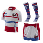 Ram Rugby Micro Rugby Playing Kit Bundle with blue and white shirt, matching shorts, and striped socks for kids
