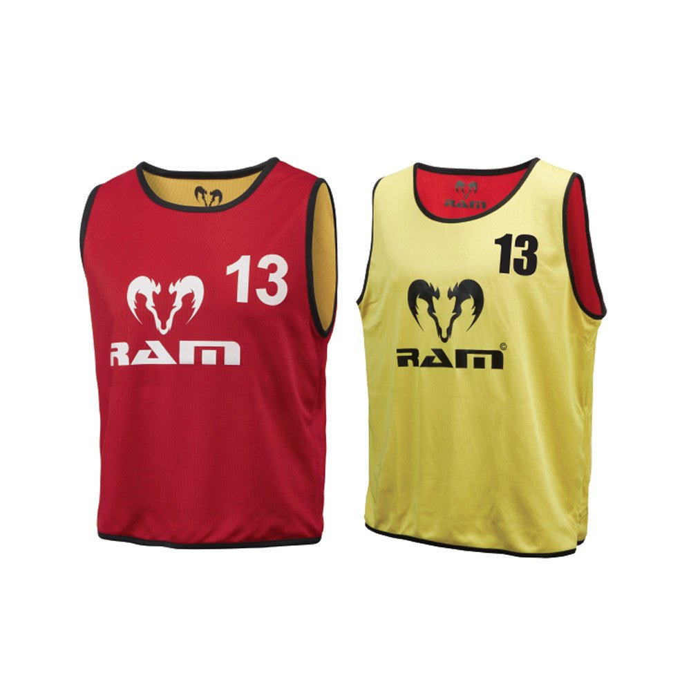 Set of 15 Ram Rugby reversible contact training bibs in blue and yellow, numbered for easy player identification during sessions