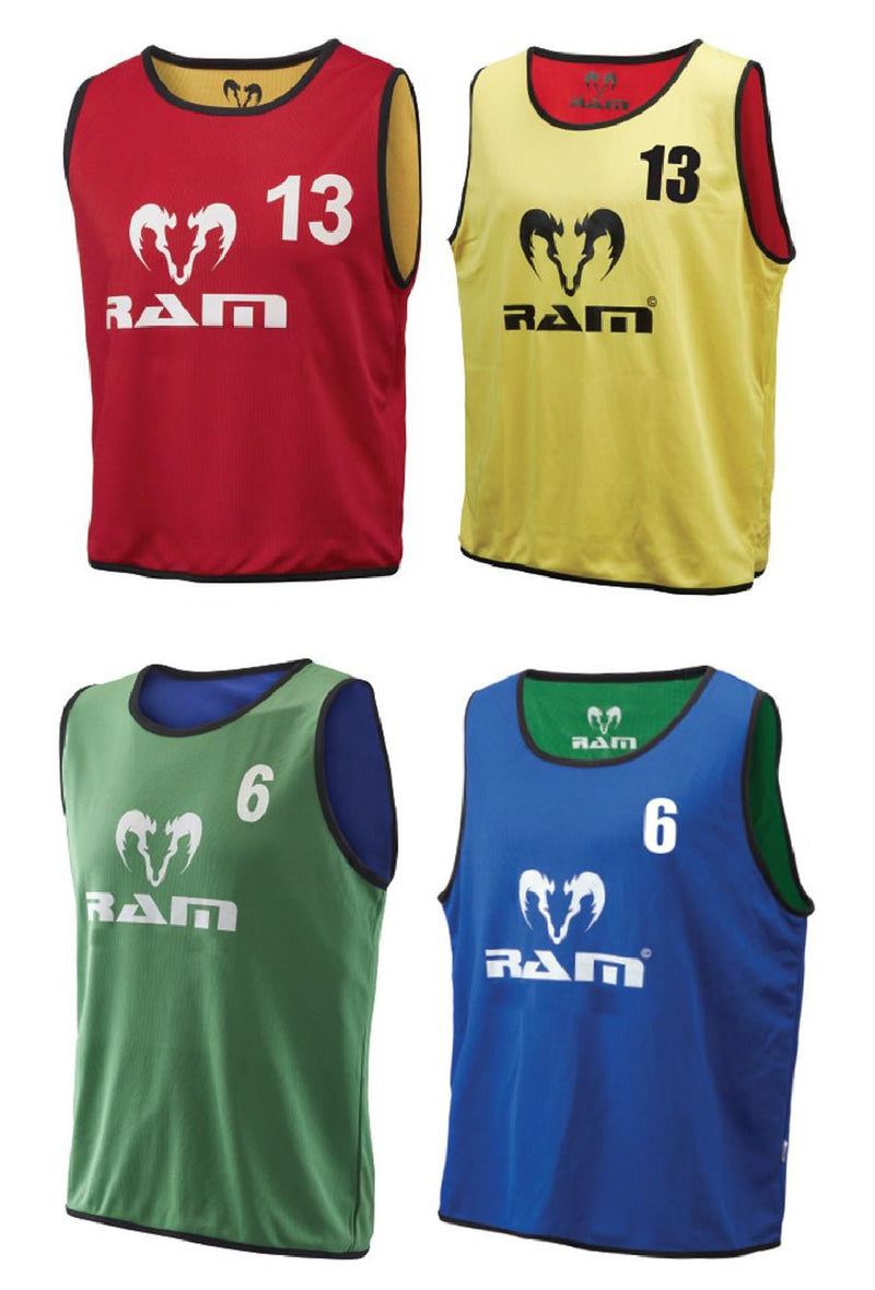 Ram Rugby reversible contact training bibs in blue and yellow, numbered set of 15 durable rugby practice vests