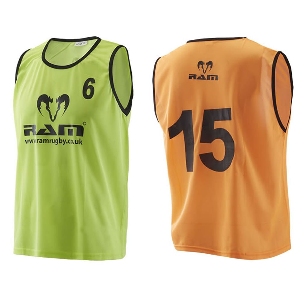Set of 15 fluorescent Ram Rugby mesh polyester numbered training bibs, vibrant colors for rugby practice team identification