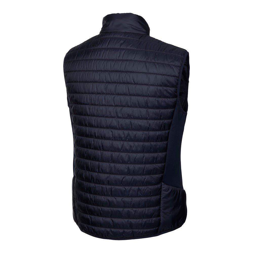Ram Rugby padded gilet in navy blue with showerproof fabric, 160gsm insulation, and stretch side panels for warmth and mobility