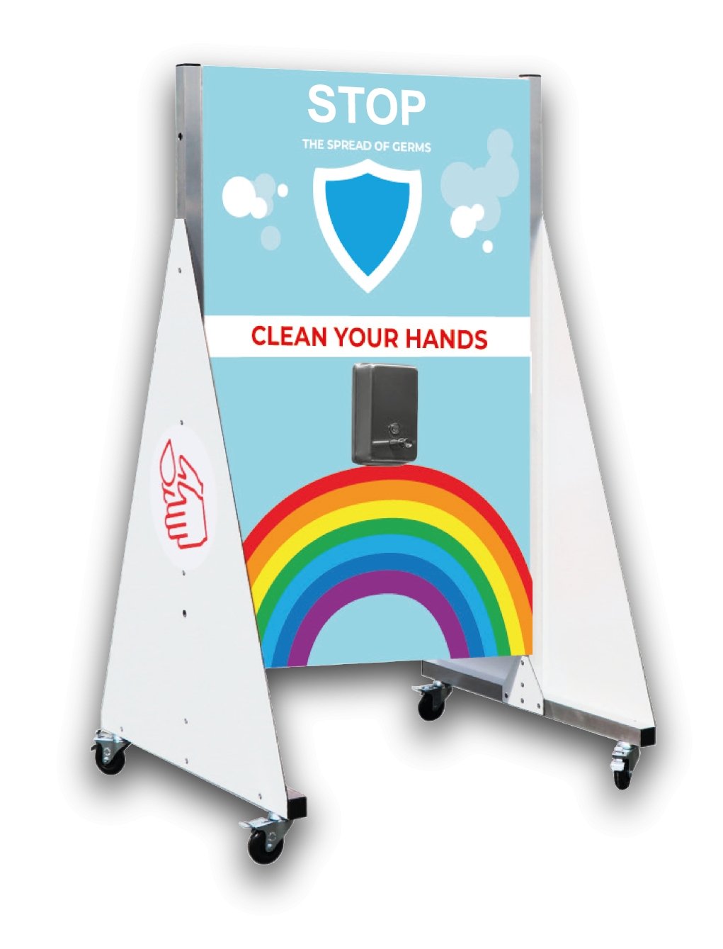 Ram Rugby portable free standing hand sanitiser station with lockable wheels, dual 1L dispensers, aluminium frame design