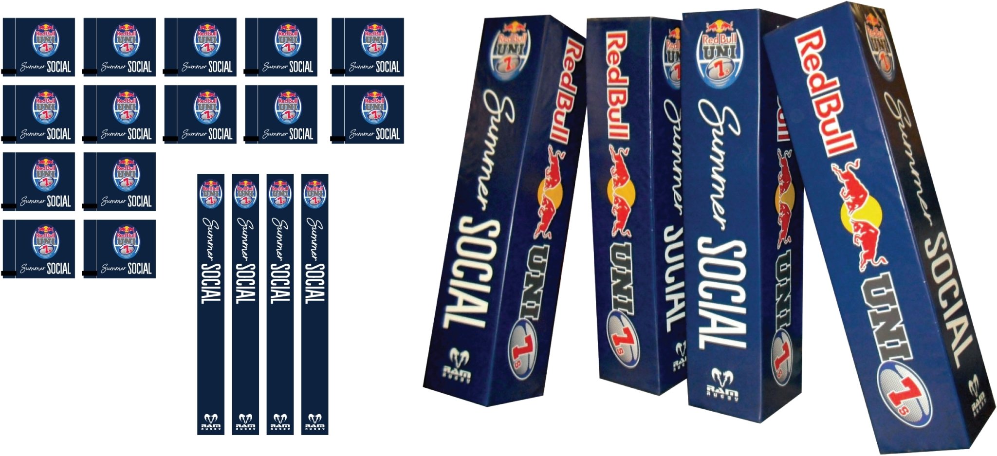 Ram Rugby custom digitally printed post protectors bundle showing four padded rugby posts with vibrant branding designs