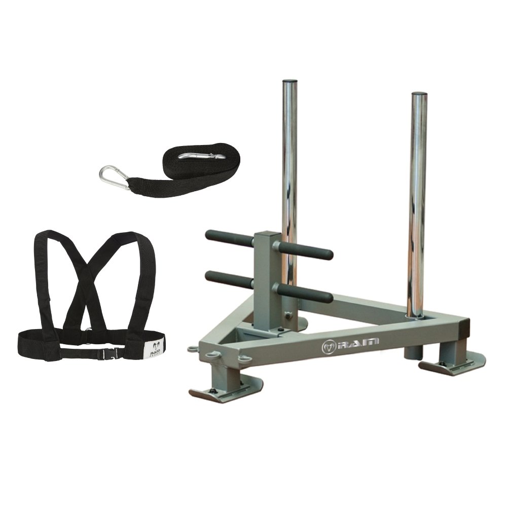 Ram Rugby Power Sled with adjustable harness and weighted base for indoor rugby fitness and athletic power training exercises