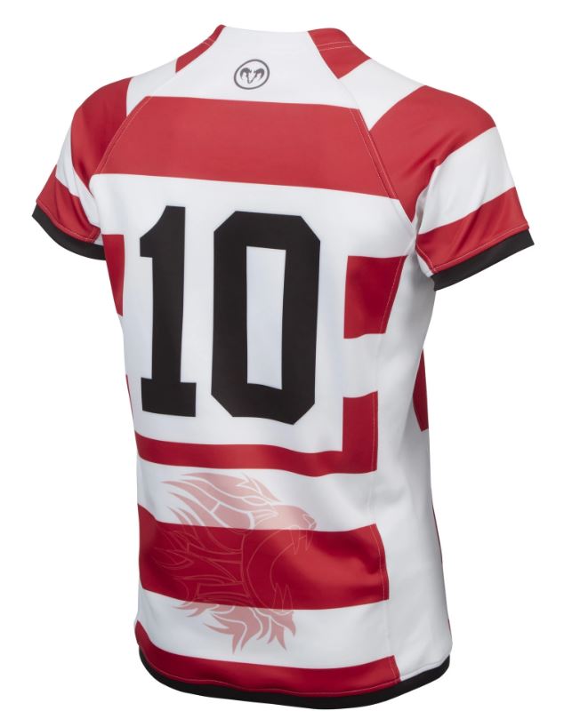 Ram Rugby Pro Fit Sublimated rugby shirt in black and red with moisture-wicking NeoTech fabric and athletic fit, side panel detail visible