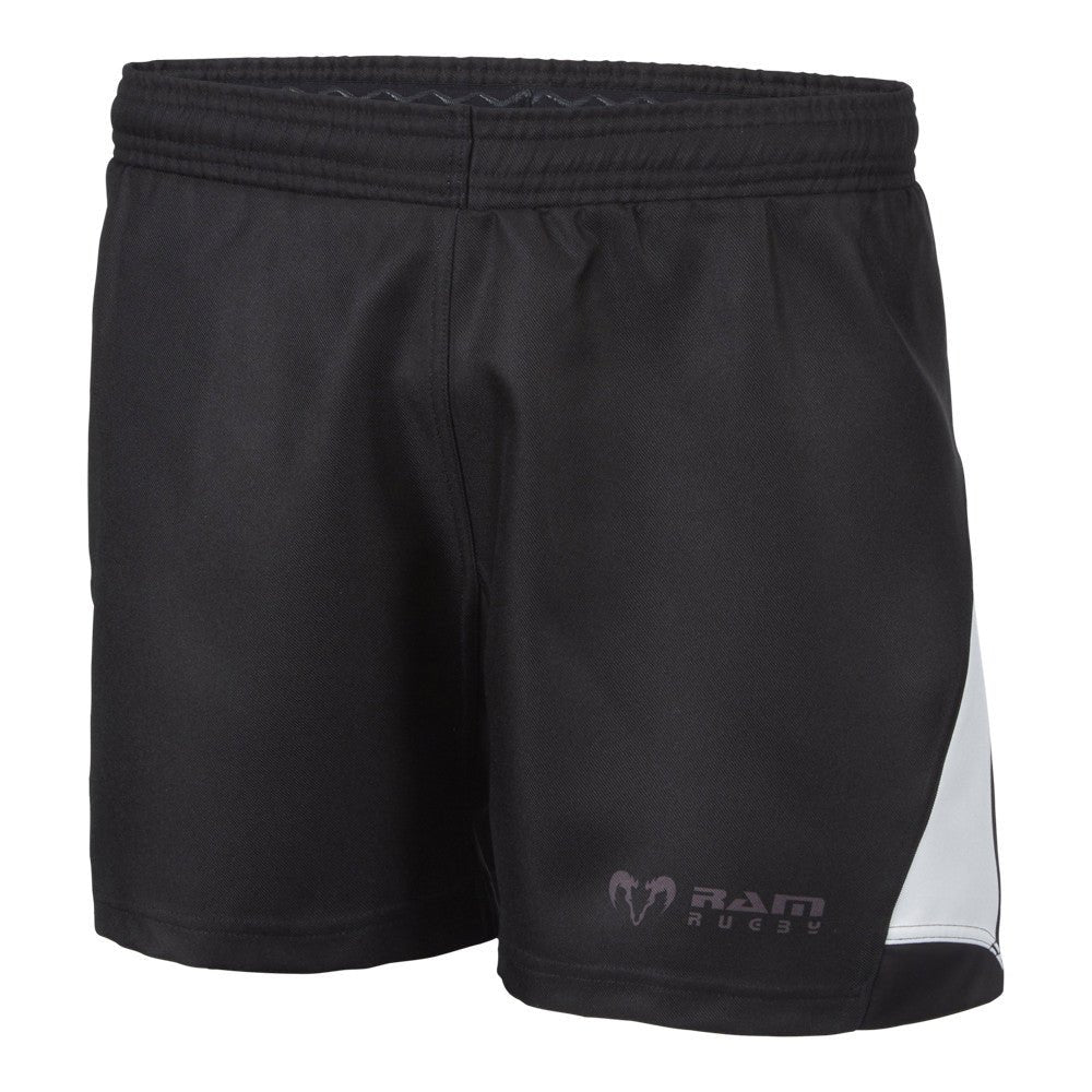Ram Rugby Pro Sublimated Ripstop rugby shorts in black with stretch gusset and gripper waistband for full mobility and comfort