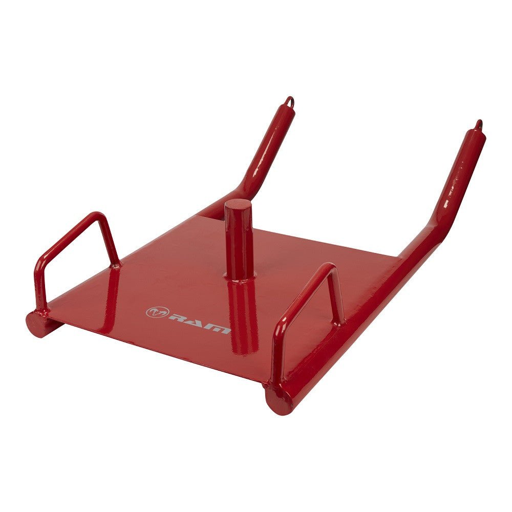 Ram Rugby Pro Speed Sled in red with adjustable harness for power training, featuring heavy-duty steel frame and weight plate compatibility