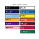 Close-up of black and white Ram Rugby Protec rugby socks showing breathable micro-mesh and cushioned sole design features