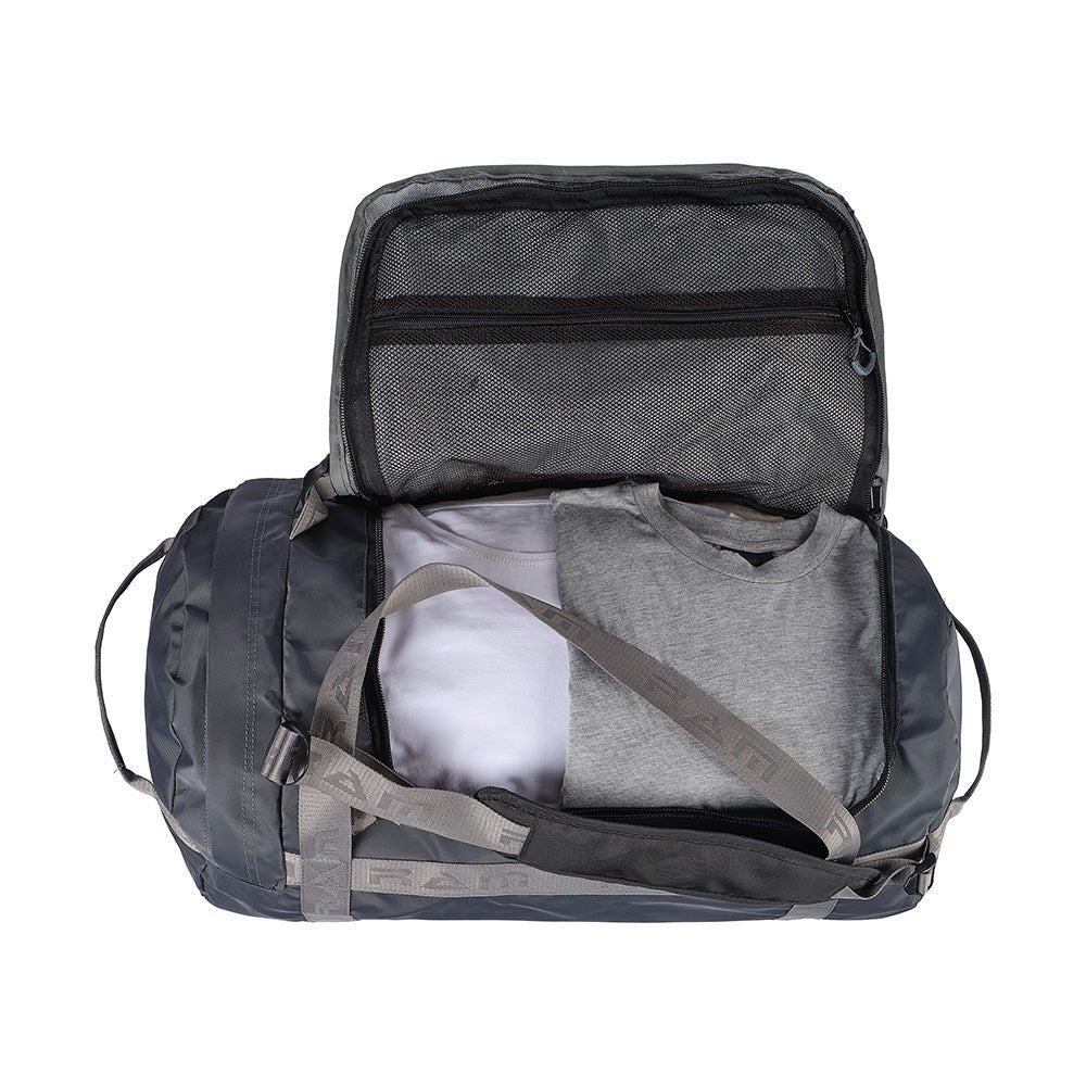 Ram Rugby weather-resistant holdall duffle bag in black, showing adjustable shoulder straps and padded side handles.