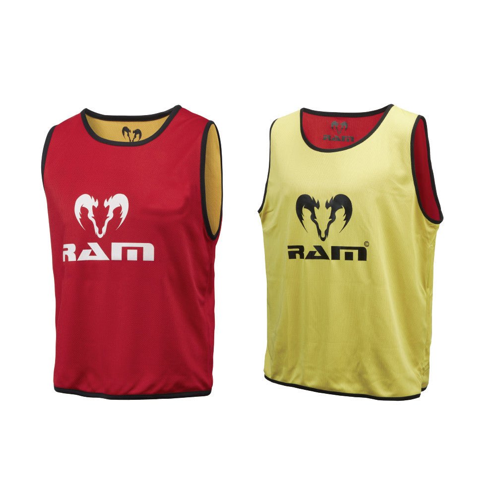 Set of 10 Ram Rugby reversible contact training bibs in green and yellow acrylic, designed for durable rugby practice use