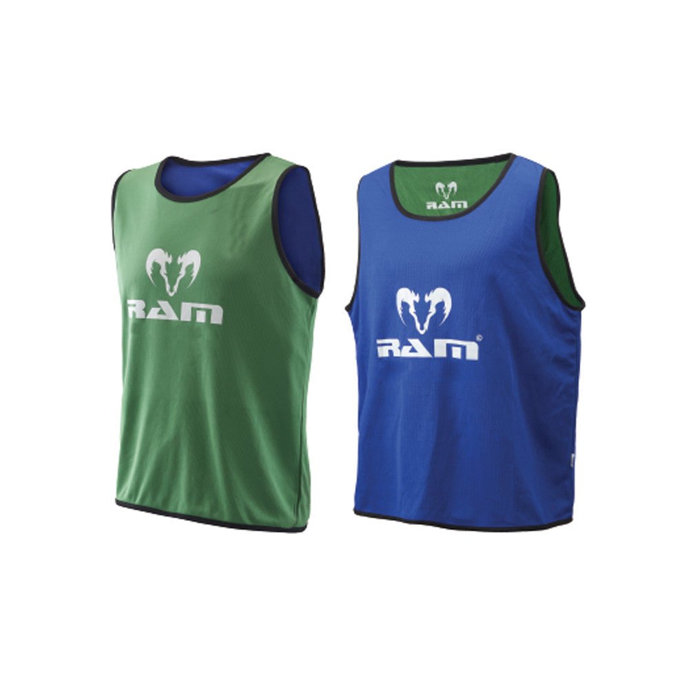Set of 10 Ram Rugby reversible contact training bibs in durable green and yellow acrylic for rugby practice sessions