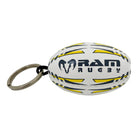 Ram Rugby Softee soft PVC rugby ball keyring in yellow and black, 5cm size, cotton-filled for a soft feel keychain accessory