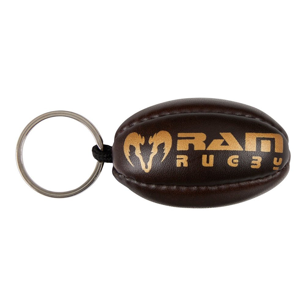 Ram Rugby vintage miniature rugby ball keyring crafted from hand-stitched brown leather, perfect for rugby fans.
