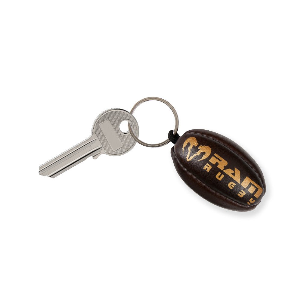 Ram Rugby Vintage leather miniature rugby ball keyring in brown, hand-stitched sport accessory for rugby fans, 6cm size