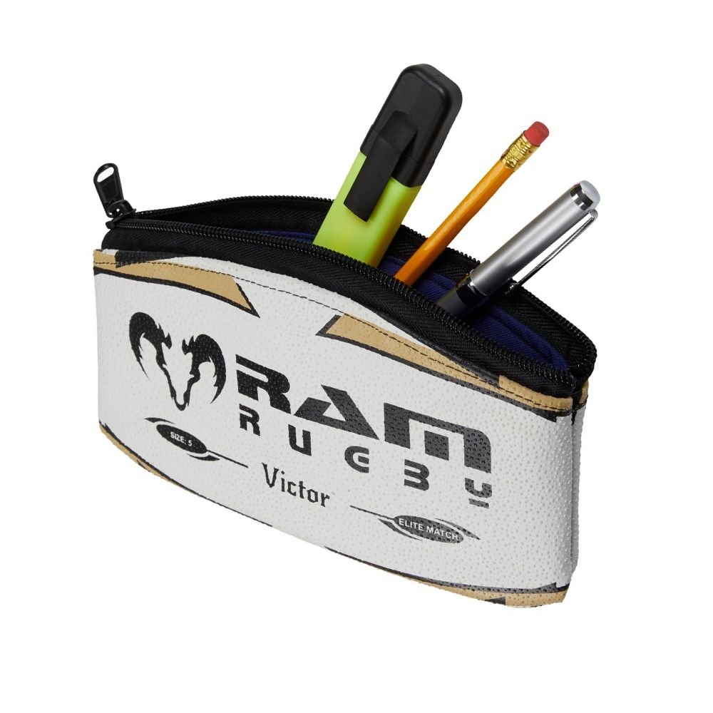 Ram Rugby rugby ball pencil case in brown rubber with authentic textured grip and black zipper closure, 22cm long
