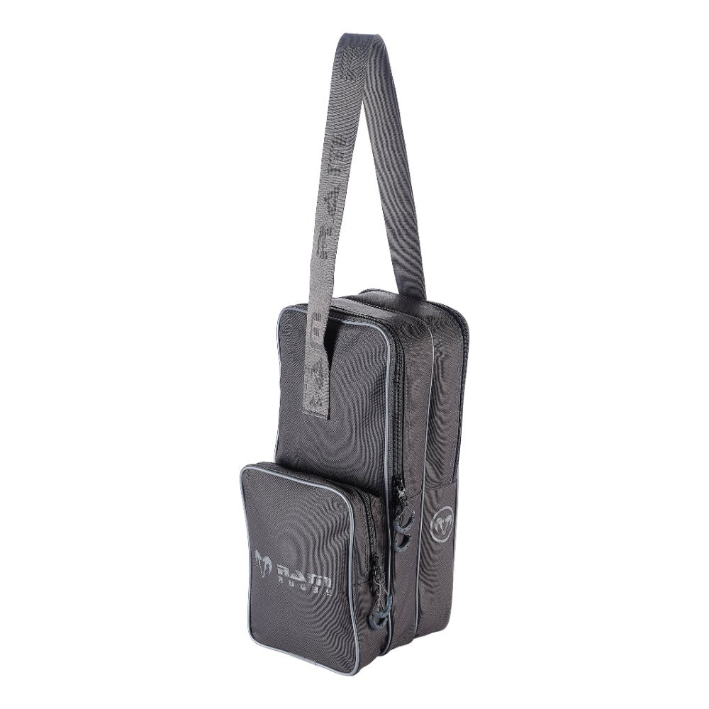 Ram Rugby grey durable rugby boot bag with double zipped compartments, Tetron material, 39x17x17cm kit storage bag.