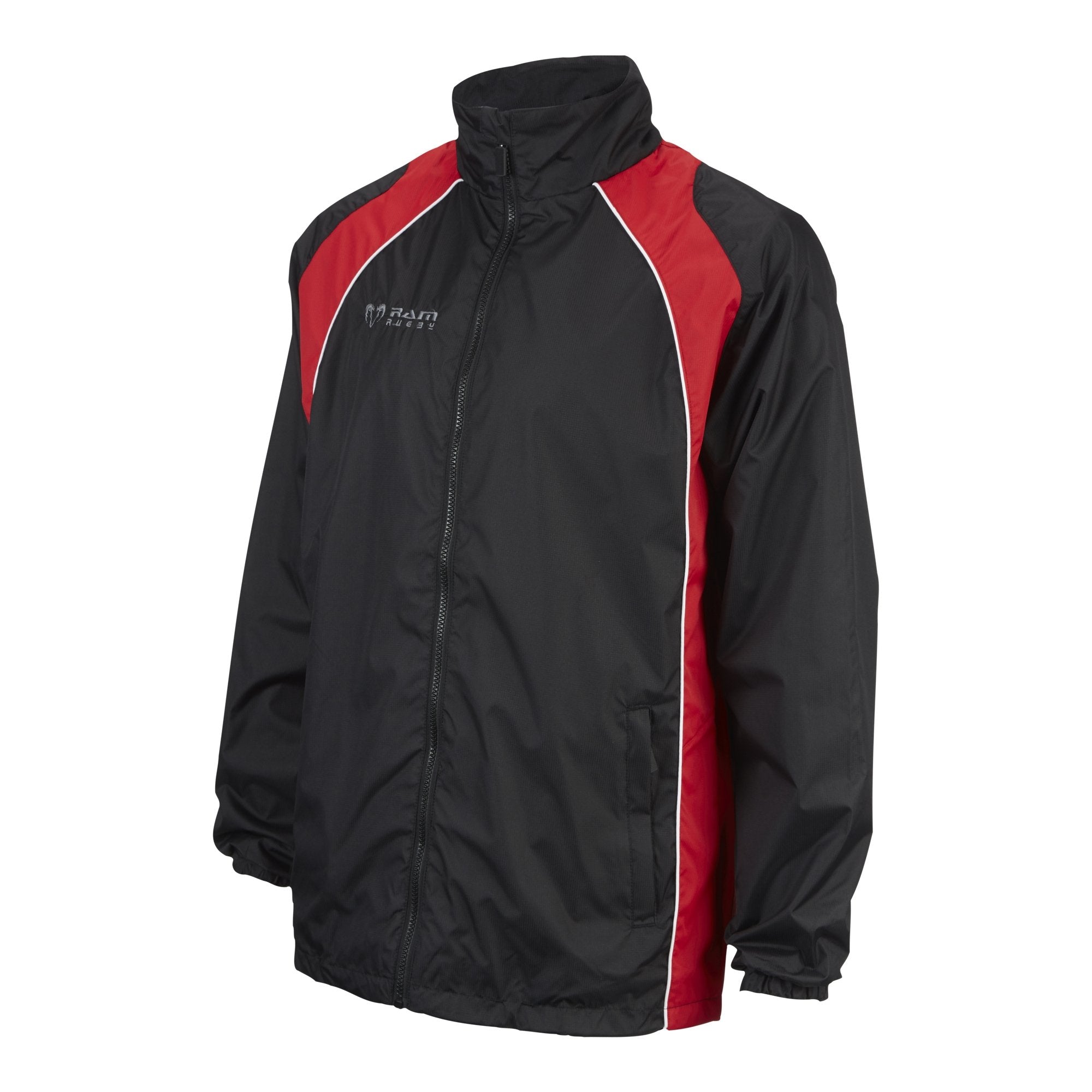 Ram Rugby showerproof jacket in dark navy with waterproof polyurethane coating and high collar designed for rugby training