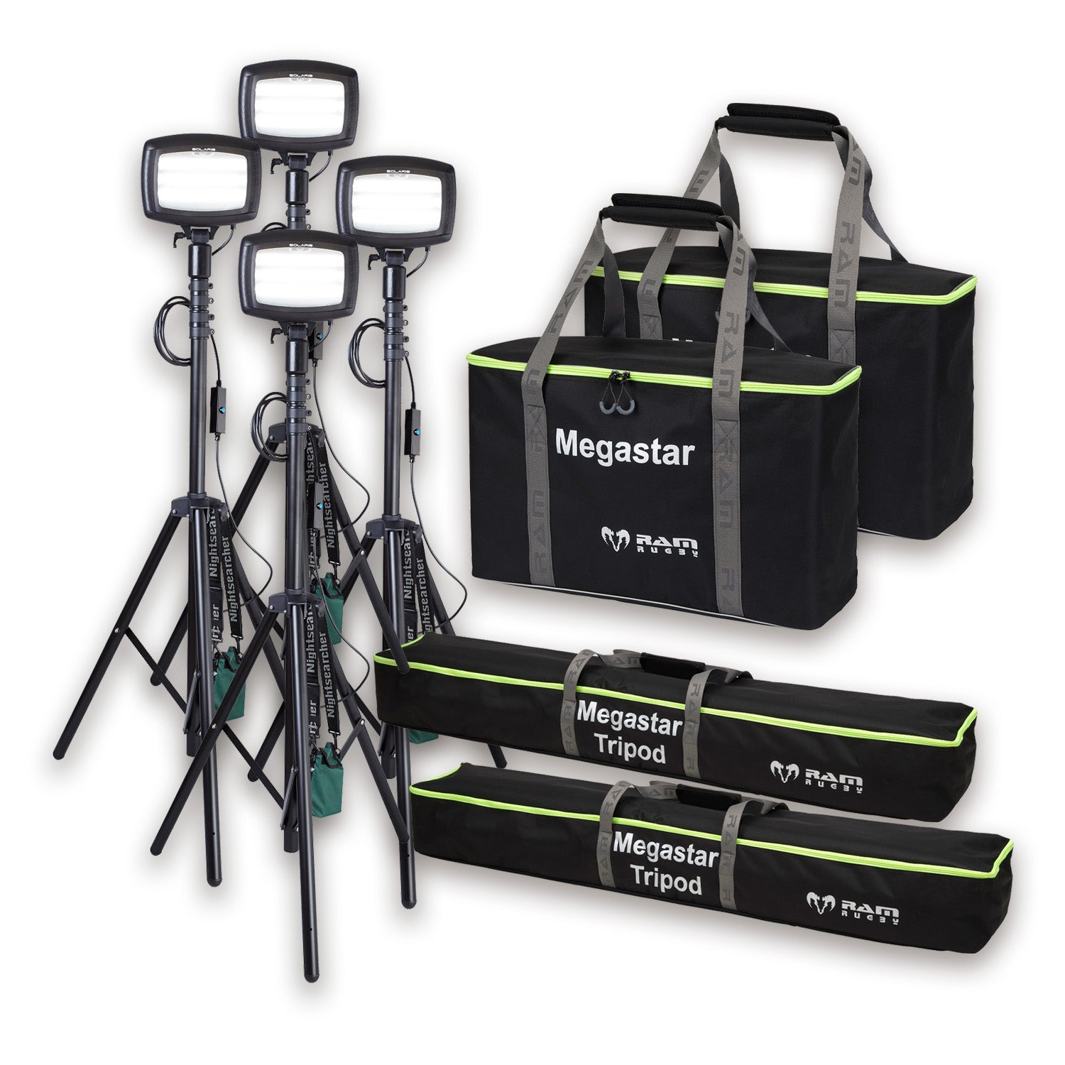 Nightsearcher Solaris Megastar 20K LED rechargeable floodlight showing adjustable brightness levels and lithium-ion battery details