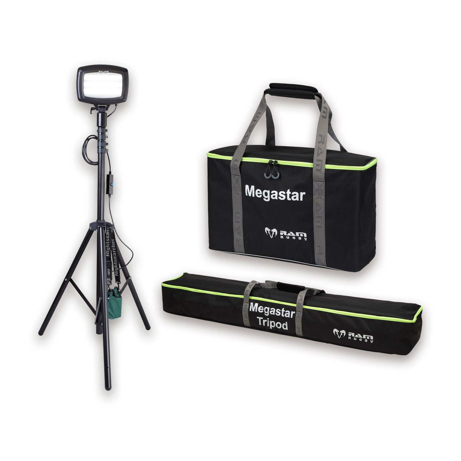 Nightsearcher Solaris Megastar 20K LED Floodlight showing compact design and sturdy handle for outdoor sports lighting