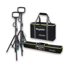 Nightsearcher Solaris Megastar 20K LED rechargeable floodlight showing adjustable brightness settings and battery status display