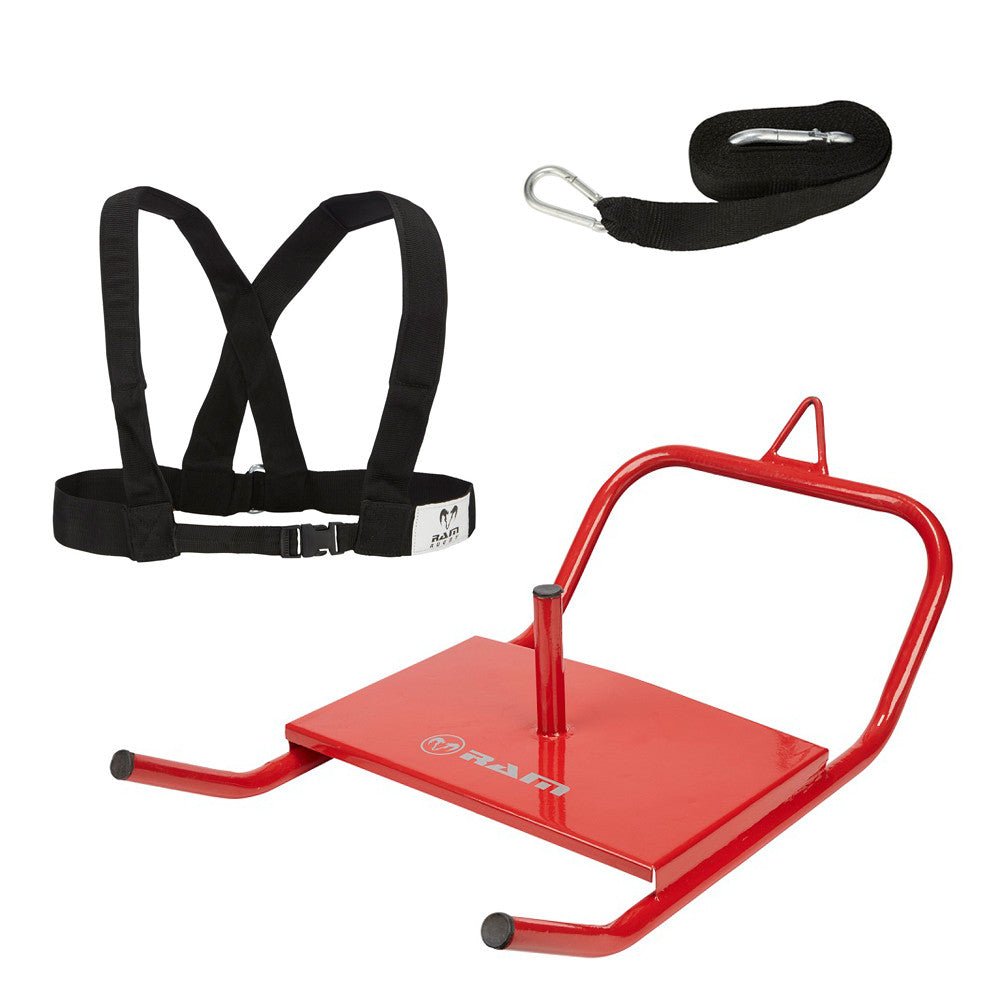 Ram Rugby Speed Sled with adjustable harness in black, designed for power leg drive training and resistance workouts
