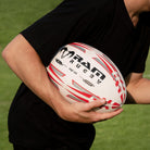 Ram Rugby Squad Trainer Ball in blue and white with textured 3-ply polycotton grip designed for durable rugby training