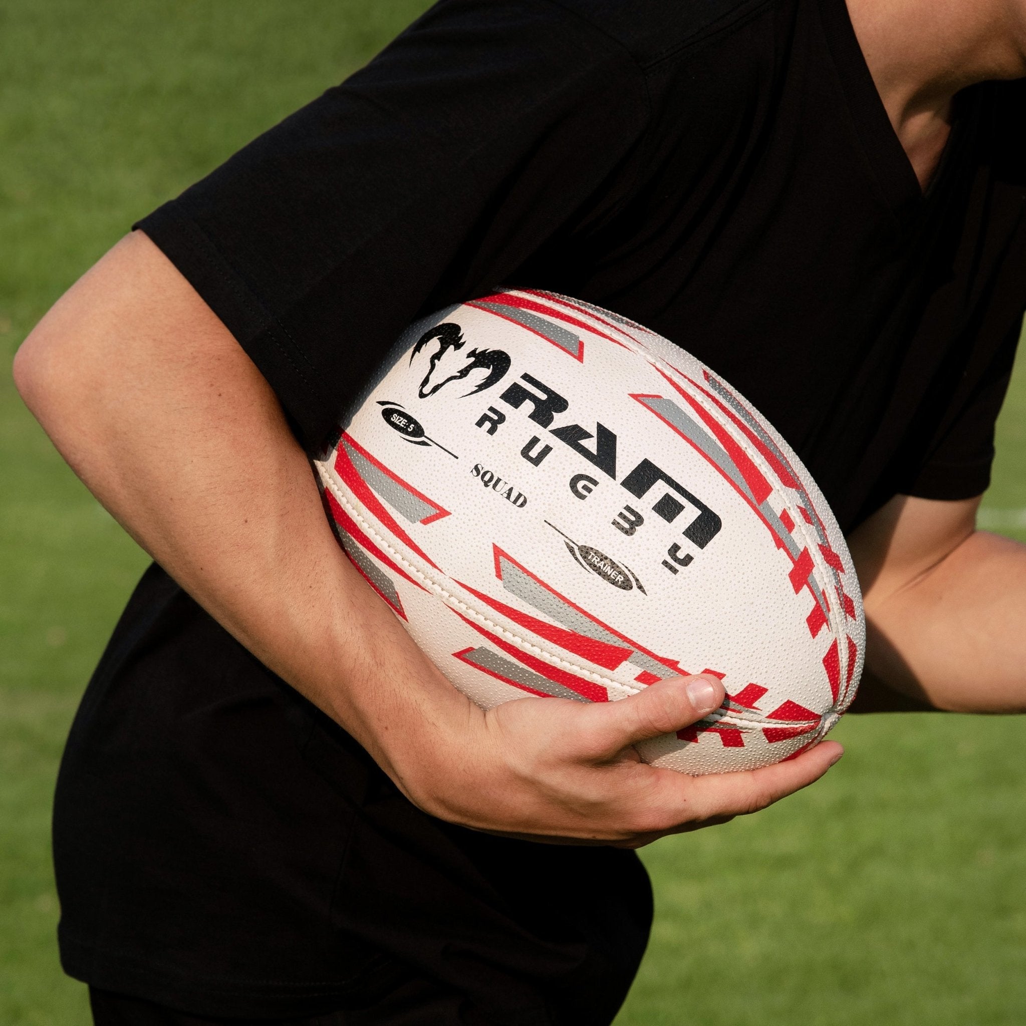 Ram Rugby Squad Trainer Ball in blue and white with textured 3-ply polycotton grip designed for durable rugby training