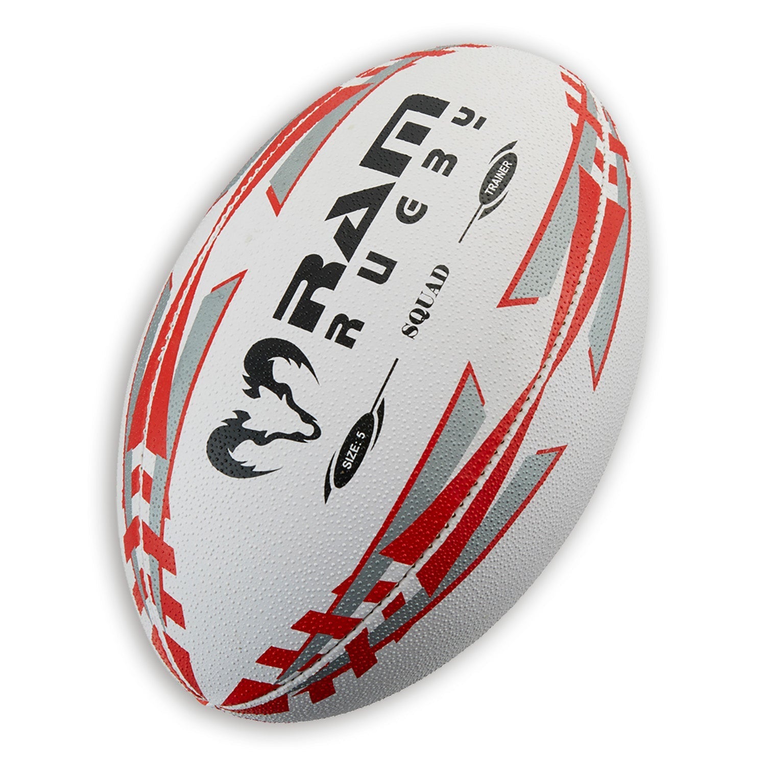 Ram Rugby Squad Trainer Ball in white and green, durable 3-ply polycotton training rugby ball with 3D grip for all ages
