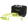 Six bright orange Ram Rugby agility hurdles arranged on green grass for speed and footwork training in sports practice.