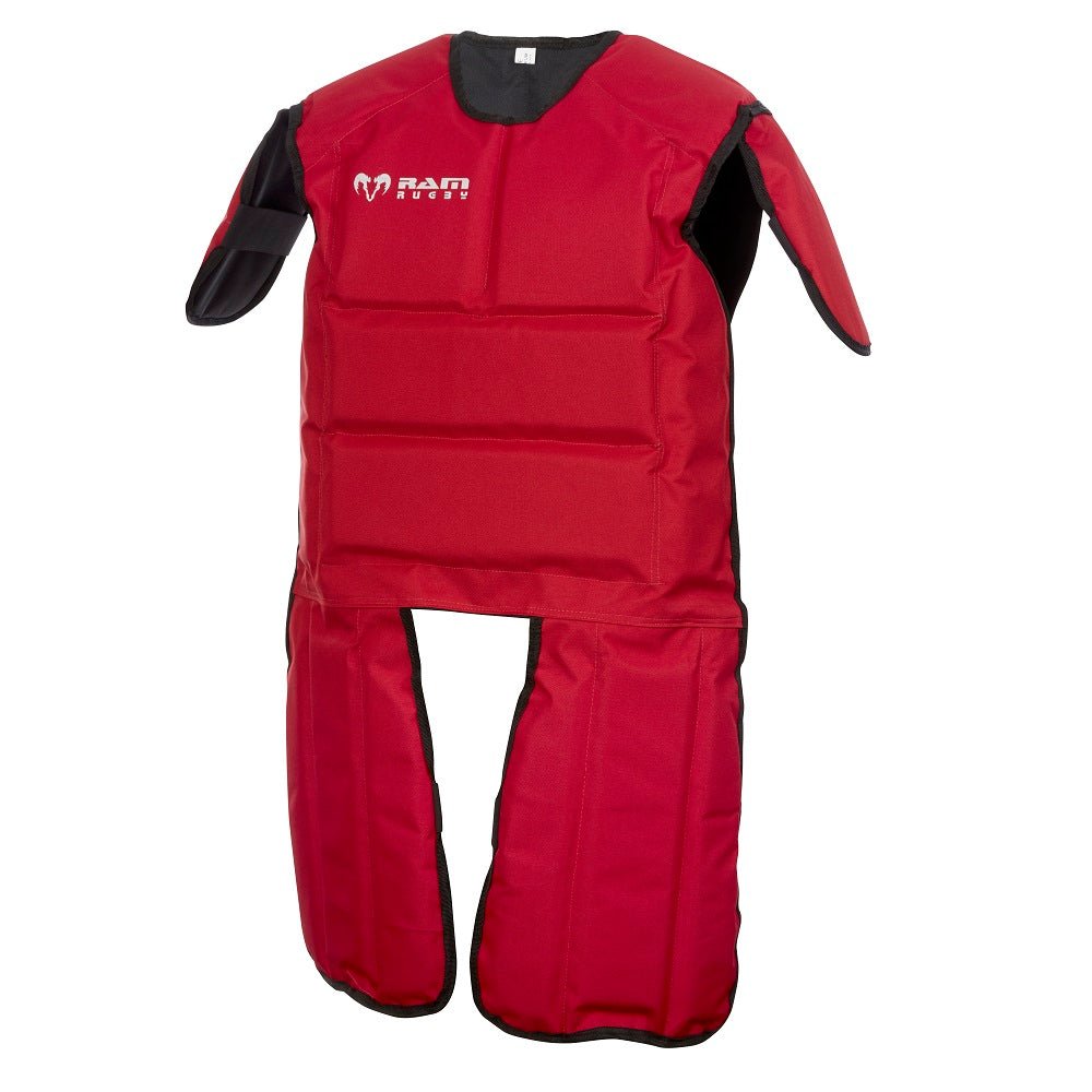 Ram Rugby Tackle Suit in black with protective PVC padding, durable 600 Denier Cordura, designed for full contact training