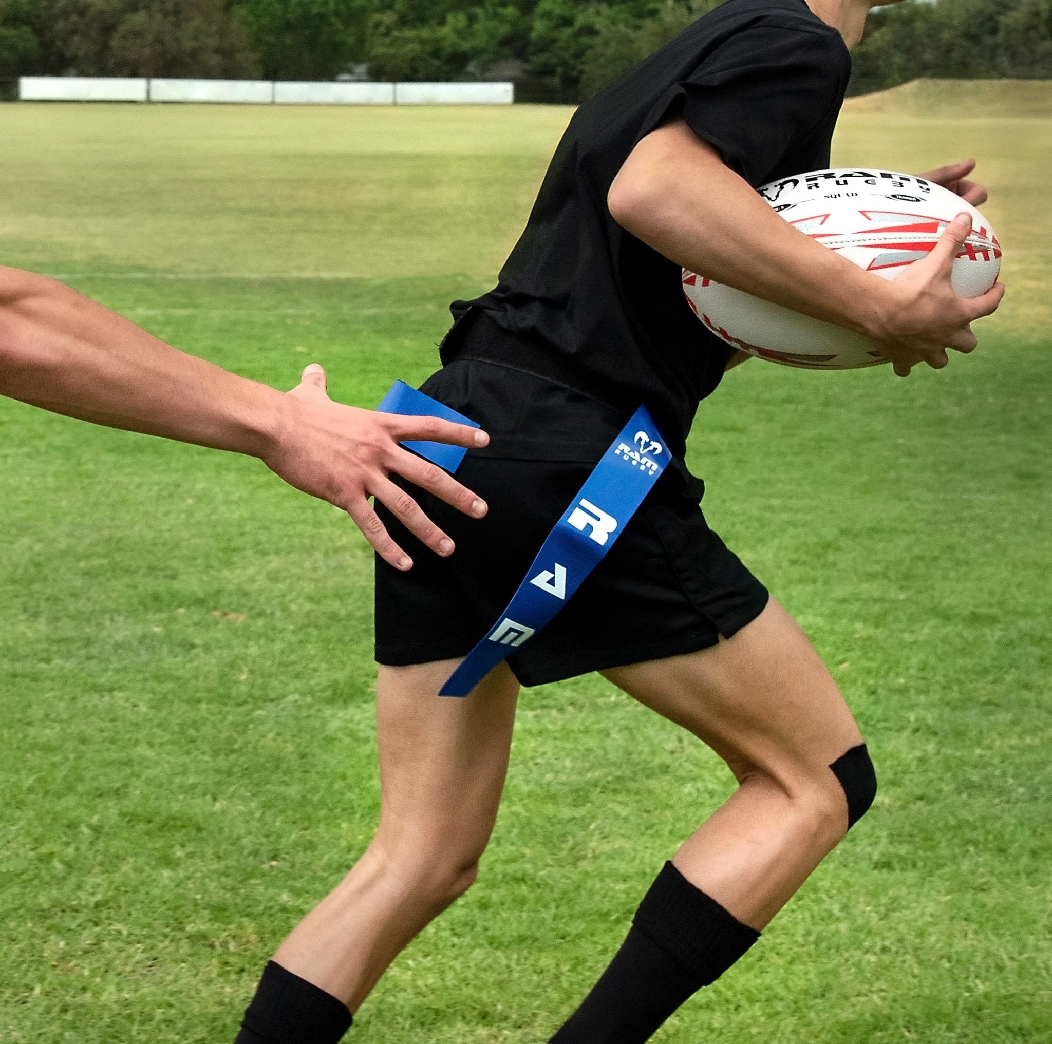 Ram Rugby tag rugby set showing 10 adjustable small nylon belts and 20 durable PVC tags with carrying bag for training