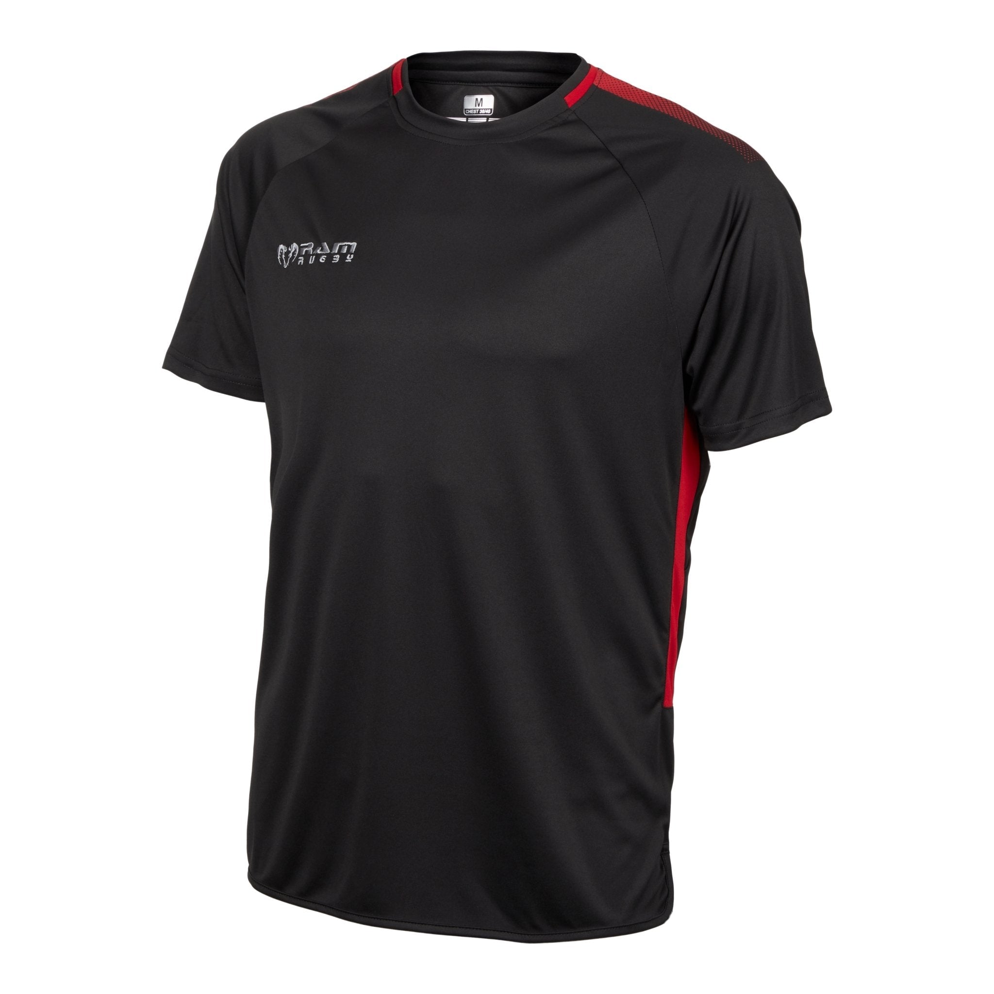 Ram Rugby Edge Technical T-Shirt in black with red accents, lightweight 100% polyester micro knit, round neck design