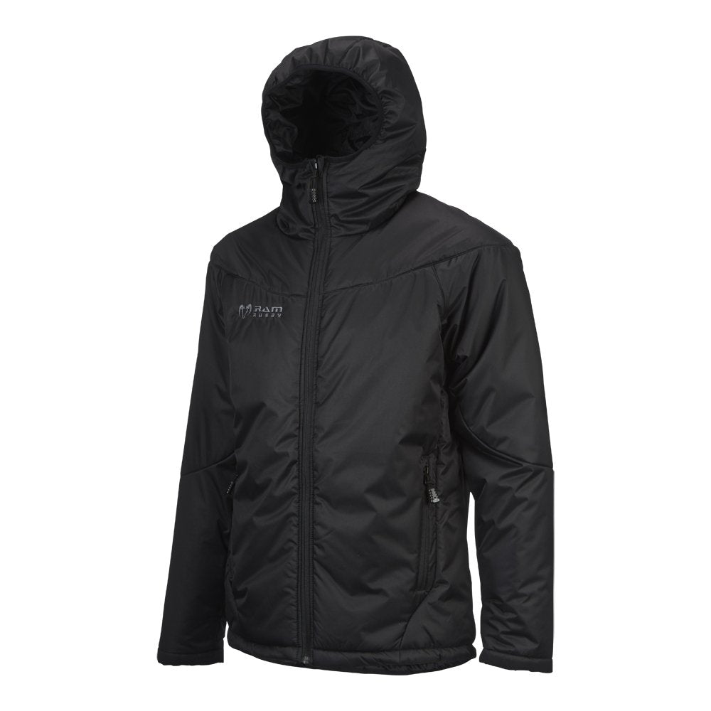 Ram Rugby Thermal Stadium Jacket in black with hood, water-repellent polyester, high collar, and thermal insulation.