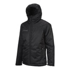 Ram Rugby Thermal Stadium Jacket in black with hood, water-repellent polyester, high collar, and thermal insulation.