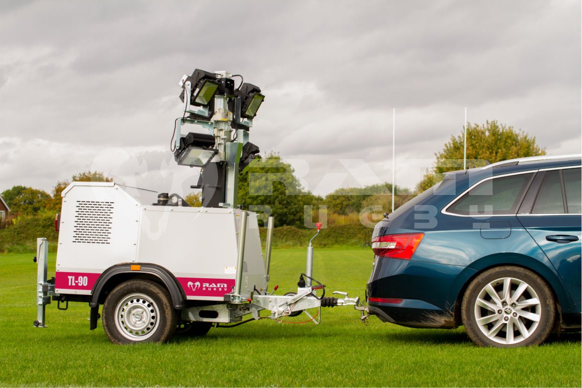 Ram Rugby TL-90 LED portable floodlight with four 300W high-performance lamps mounted on a sturdy frame for sports lighting