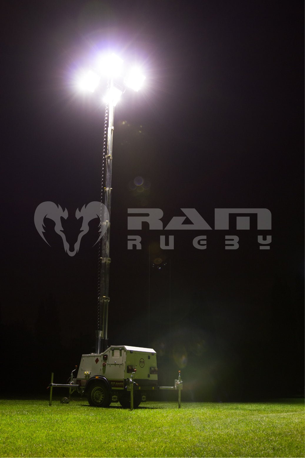 Ram Rugby TL-90 LED Floodlight showing portable 4x300W high-performance floodlight with sturdy tripod stand for sports lighting